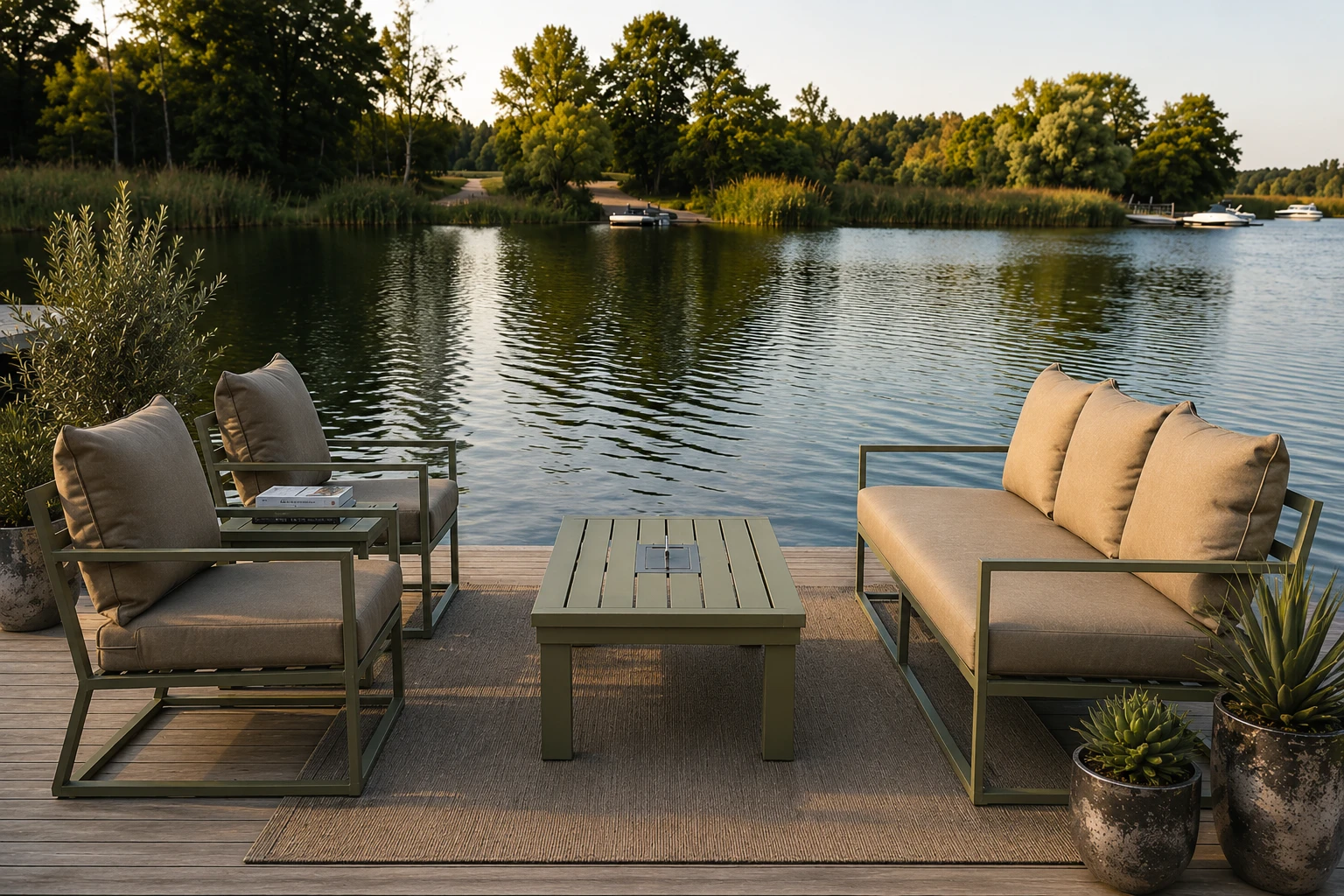 Living Abitha en tonos oliva, junto a un lago al atardecer