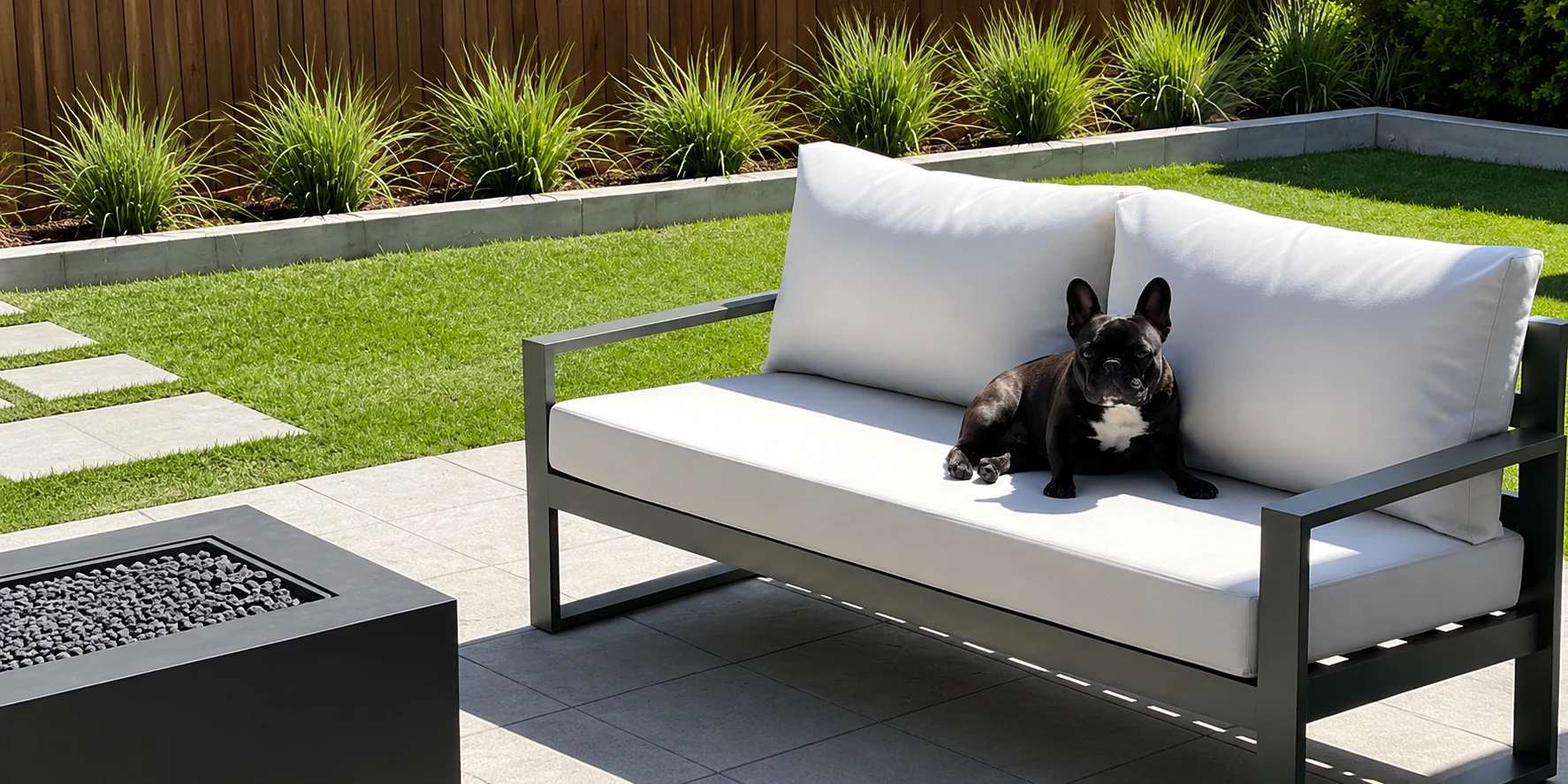 Perro sobre un sofá exterior Abitha, tela pet-friendly